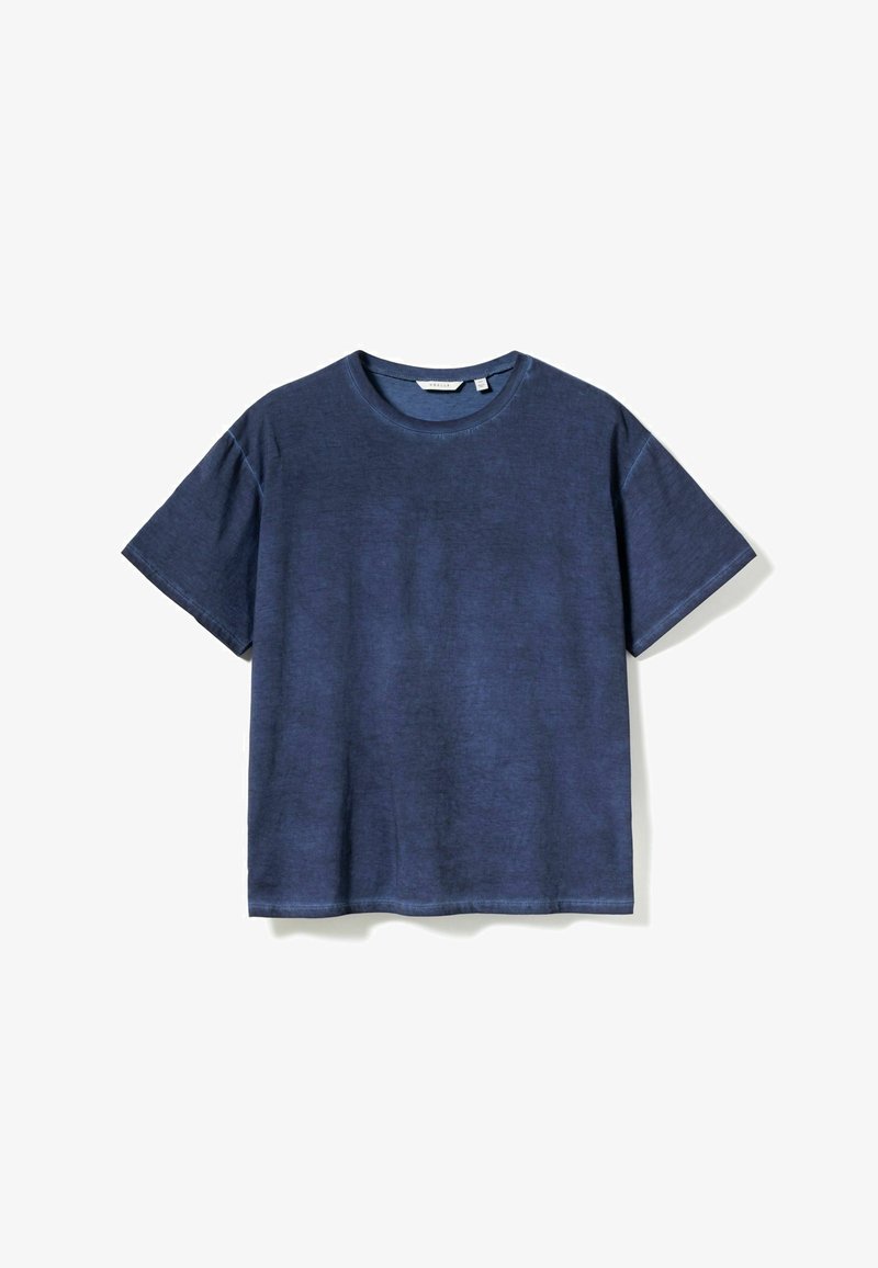 T-shirt bleu marine à manches courtes en coton doux, avec un col rond et une coupe décontractée, présentant une surface lisse et texturée.