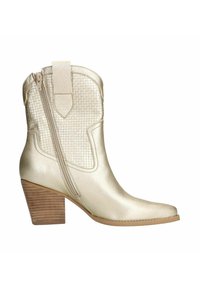 Metallic gold ankle boot with a pointed toe, textured panels, side zipper, and a stacked brown heel. Smooth finish and decorative stitching.