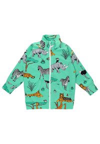 Mintgrön zip-up jacka med djurillustrationer, inklusive noshörningar, zebror, tigrar och mer. Den har två framfickor och en hög krage.