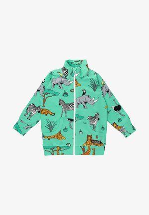 Mintgroene zip-up jack met dierenillustraties, waaronder neushoorns, zebra's, tijgers en meer. Het heeft twee voorkruiszakken en een hoge kraag.