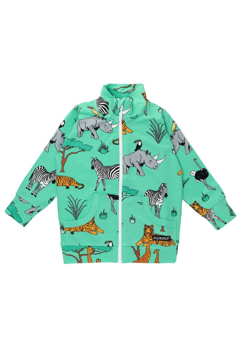 Mintgrön zip-up jacka med djurillustrationer, inklusive noshörningar, zebror, tigrar och mer. Den har två framfickor och en hög krage.