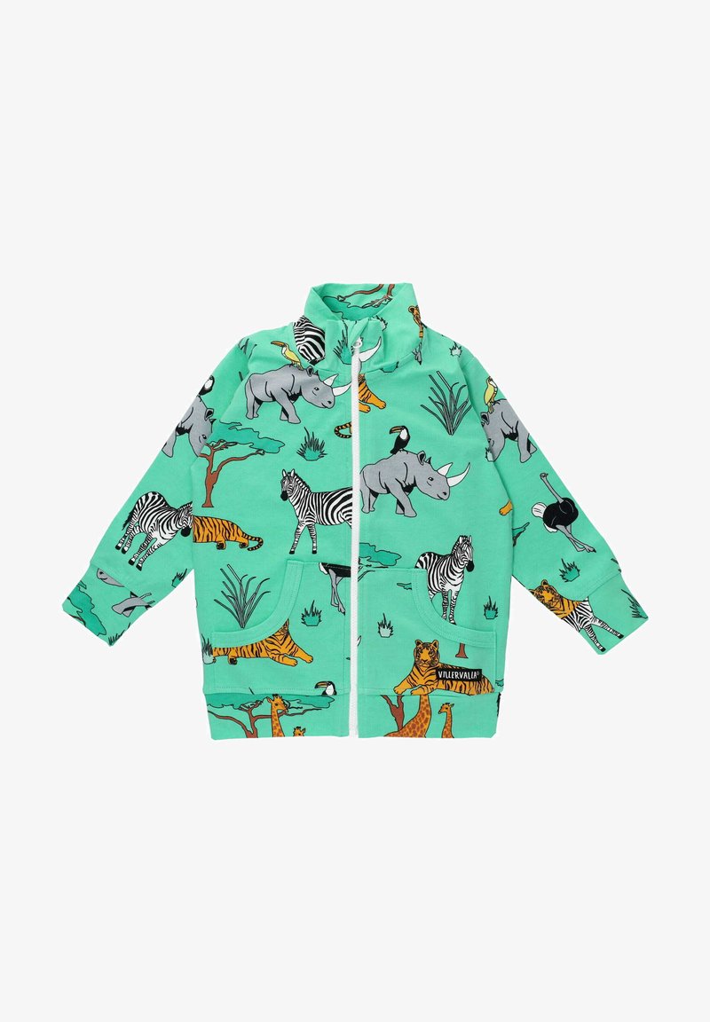 Mintgroene zip-up jack met dierenillustraties, waaronder neushoorns, zebra's, tijgers en meer. Het heeft twee voorkruiszakken en een hoge kraag.