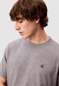 T-shirt in cotone grigio con collo rotondo, maniche corte e piccolo logo "CK" ricamato sul petto. Tessuto morbido, vestibilità casual.