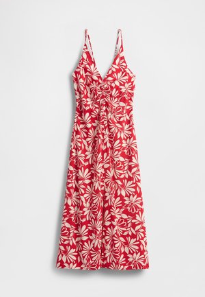 Punane lilleline kleit valgete lehemustritega, V-kaeluse, reguleeritavate õhukeste rihmade, pihta tõmmatud vöökoha ja lehviva seelikuga.