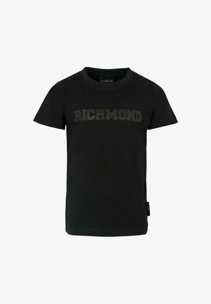 Zwarte katoenen t-shirt met een ronde hals. Voorzien van een gedurfde, reliëf "RICHMOND" tekst op de borst. Korte mouwen, normale pasvorm.