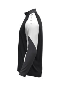 Maglietta atletica a maniche lunghe in bianco e nero con colletto alto, caratterizzata da una texture liscia e un design a pannelli curvi sulle spalle.