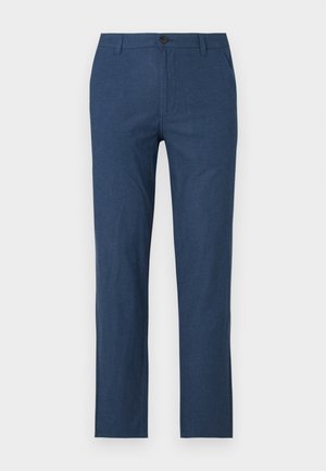 Navy blue trousers made from a lightweight fabric, featuring a straight cut, zipper fly, button closure, and side pockets.