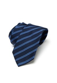 Cravate en soie marine avec des rayures bleu clair, présentant une finition texturée et un design classique. Pointe effilée avec un éclat lisse.