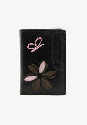 Schwarzes Lederportemonnaie mit gestickten rosa Schmetterlings- und Blumenmotiven. Strukturiert mit ausgeprägten Formen in Braun- und Rosa-Akzenten.