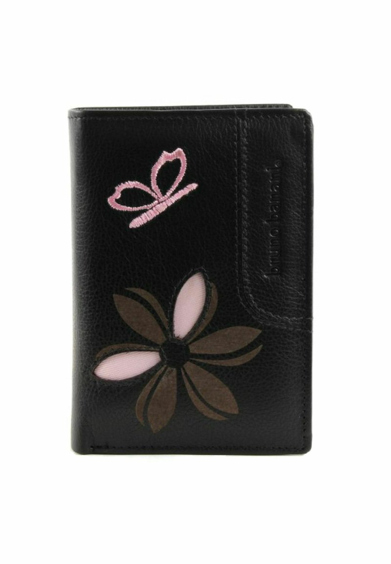 Portefeuille en cuir noir avec des motifs de papillon rose et de fleurs brodés. Surface texturée avec des formes distinctes en accents marron et rose.