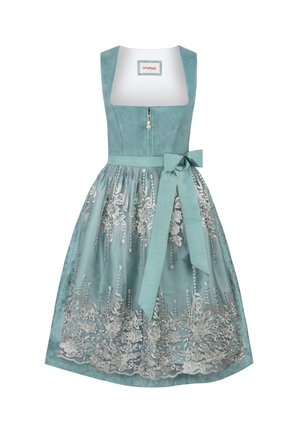 A teal dress with a fitted bodice, wide shoulder straps, and a silver-embroidered tulle skirt. Features a front zipper and a matching bow.
