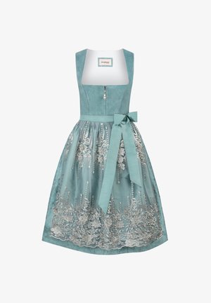 Ein türkisfarbenes Kleid mit einem taillierten Oberteil, breiten Schulterträgern und einem mit Silber gestickten Tüllrock. Es verfügt über einen Reißverschluss vorne und eine passende Schleife.