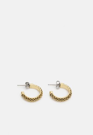 Gold hoop earrings featuring a textured surface with a beaded pattern, secured with a silver post and backing.