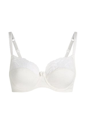 Witte kanten beha met verstelbare bandjes, beugels en een subtiele gestippelde stofstructuur.