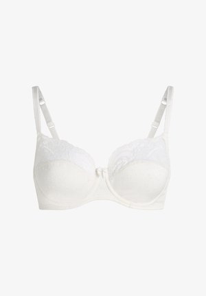 Witte kanten beha met verstelbare bandjes, beugels en een subtiele gestippelde stofstructuur.
