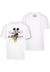 Hvit bomull T-skjorte med et frampynt av Mickey Mouse med teksten "Lykke er en sinnstilstand." Baksiden viser "Disney 100" logo.