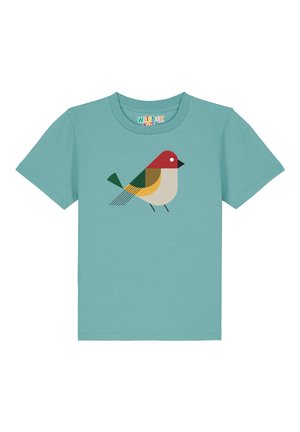 Helles Türkis Baumwoll-T-Shirt mit einem stilisierten Vogelgrafik in Rot, Gelb, Grün und Schwarz. Kurze Ärmel und Rundhalsausschnitt.