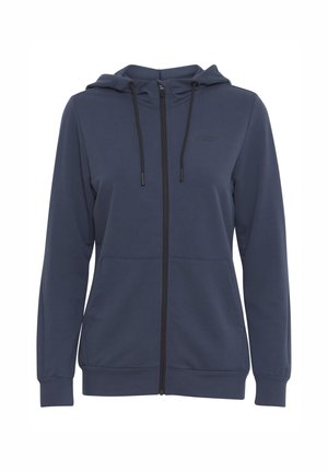 Navy ZIP-Hoodie aus weichem Stoff, mit Kapuze mit Kordelzug, zwei Fronttaschen und einem kleinen Logo auf der Brust.