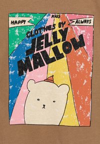 Brown fabric featuring a graphic of a white bear wearing a red hat, bordered by colorful diagonal stripes and bold text saying "Jelly Mallow."