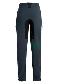 Pantalons d'extérieur gris foncé avec des accents en nylon noir, taille élastique, poches latérales et panneaux de genoux renforcés pour plus de durabilité.