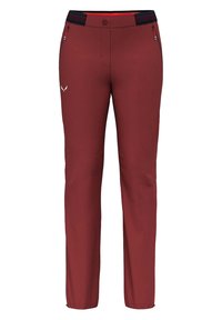 Mörkröda utomhusbyxor med en slät textur, med en svart meshtmidja, fickor med dragkedja och en logotyp på nedre vänstra sidan.