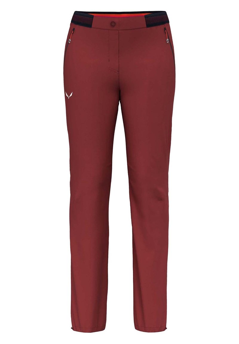 Mörkröda utomhusbyxor med en slät textur, med en svart meshtmidja, fickor med dragkedja och en logotyp på nedre vänstra sidan.