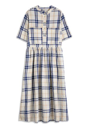 Midi-kjole med korte ærmer, blå og orangeternet mønster, knappet front, to brystlommer og talje med rynkede detaljer på cremefarvet baggrund.