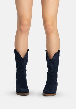 Gambe con indosso stivali da cowboy in camoscio nero fino al polpaccio con dettagli cuciti su uno sfondo bianco semplice.