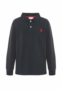 Polo a maniche lunghe di colore navy realizzato in cotone, dotato di colletto, due bottoni bianchi e un logo rosso ricamato sul petto.