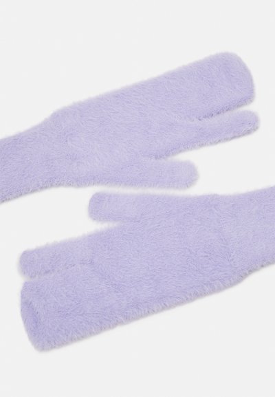 Purple faux fur gloves with a soft, fluffy texture. Features elongated fingers and rounded tips, designed for warmth and comfort.