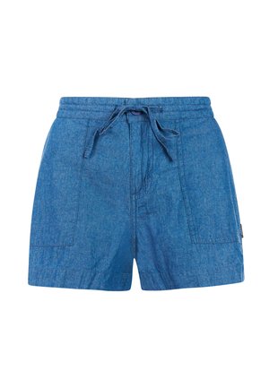 Blauwe denim shorts met een tailleband met trekkoord, twee zakken aan de voorkant en een textuurige stofafwerking. Casual ontwerp, geschikt voor warm weer.