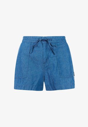 Blauwe denim shorts met een tailleband met trekkoord, twee zakken aan de voorkant en een textuurige stofafwerking. Casual ontwerp, geschikt voor warm weer.