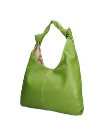 Sac à épaule en cuir vert avec une texture douce, poignée nouée et doublure intérieure beige. Il présente une forme arrondie et des détails de couture minimaux.