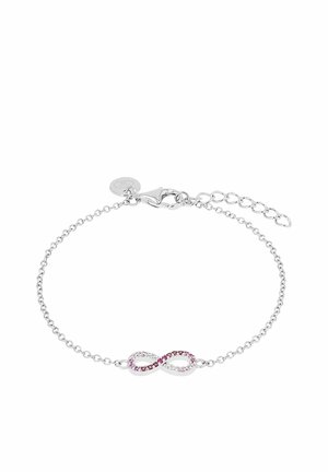 Bracciale a catena in argento con chiusura regolabile, caratterizzato da un simbolo dell'infinito decorato con pietre preziose alternate rosa e trasparenti.