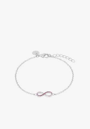 Bracciale a catena in argento con chiusura regolabile, caratterizzato da un simbolo dell'infinito decorato con pietre preziose alternate rosa e trasparenti.