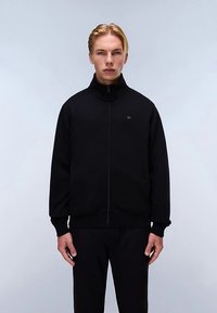 Black zip-up sweatshirt with high collar, made of smooth fabric. Features a subtle logo on the chest, ribbed cuffs, and waistband.