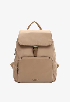 Beežist nailonnist seljakott klapiga, pandlaga kinnituse, esiküljel tõmblukuga tasku ja reguleeritavate rihmadega. Sile pind ja minimaalne disain.