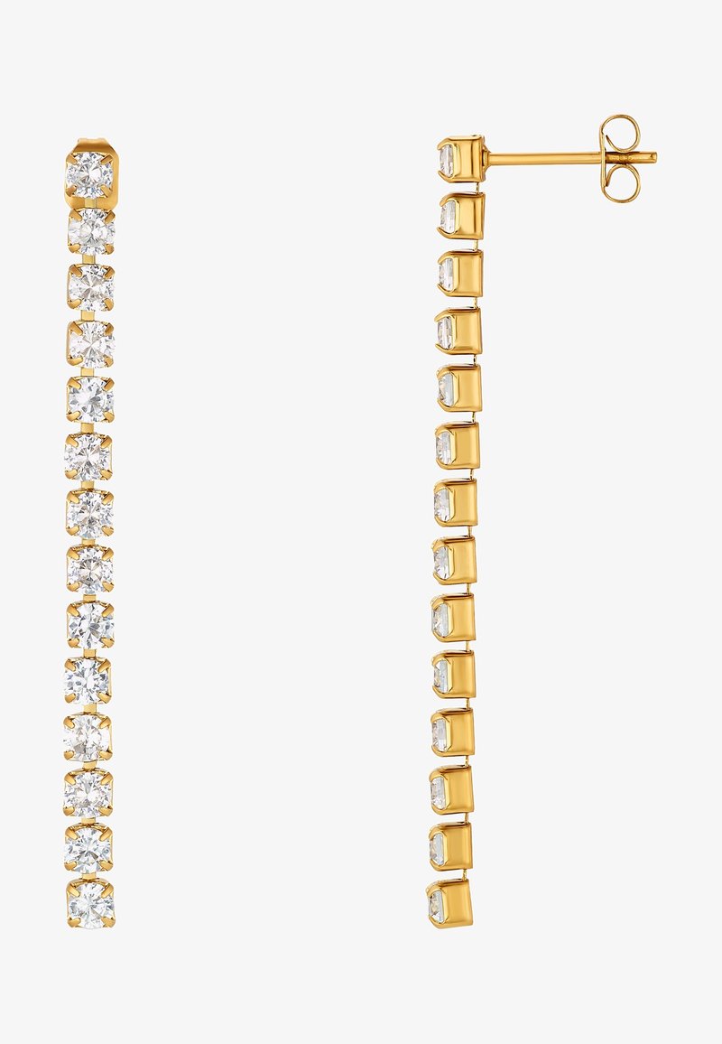 Longues boucles d’oreilles goutte en or avec une rangée verticale de pierres précieuses rondes et transparentes dans des sertissages carrés, vues de face et de profil.