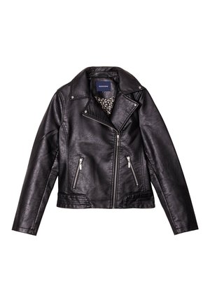 Veste de biker en faux cuir noir avec des zippers argentés, un col cranté et une doublure florale. Dotée d'une fermeture éclair frontale asymétrique et de deux poches.