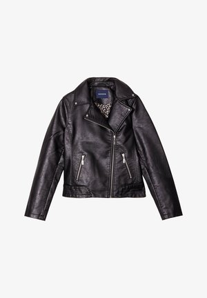 Veste de biker en faux cuir noir avec des zippers argentés, un col cranté et une doublure florale. Dotée d'une fermeture éclair frontale asymétrique et de deux poches.