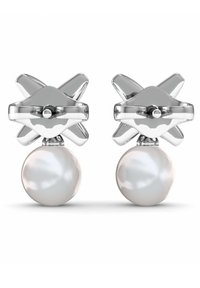 Silberne Ohrringe mit einem sternförmigen Design und einer Perlenanhängung. Die Perle ist glatt und rund und verleiht dem modernen Metalldesign einen klassischen Akzent.