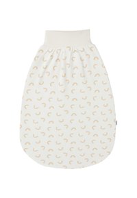 Baumwollschlafsack, cremefarben mit kleinen gelben und orangen Regenbogenmustern, weiche Textur, abgerundeter Boden, elastischer Kragen für einfaches Ankleiden.