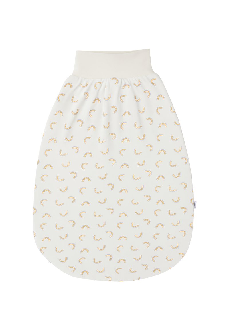 Baumwollschlafsack, cremefarben mit kleinen gelben und orangen Regenbogenmustern, weiche Textur, abgerundeter Boden, elastischer Kragen für einfaches Ankleiden.