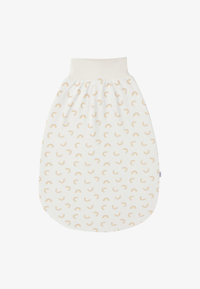 Baumwollschlafsack, cremefarben mit kleinen gelben und orangen Regenbogenmustern, weiche Textur, abgerundeter Boden, elastischer Kragen für einfaches Ankleiden.