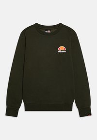 Felpa verde scuro con collo tondo, polsini e orlo a costine, con un logo Ellesse bianco e arancione sul lato sinistro del petto.
