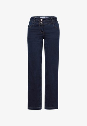 Jean femme en denim bleu foncé avec coupe droite, deux poches avant, fermeture à double bouton et détails de coutures visibles.