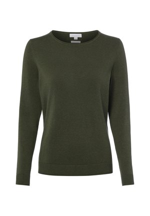 Langärmeliger dunkelgrüner Pullover mit Rundhalsausschnitt, gerippten Bündchen und Saum, einfache Strickstruktur, Größe Small.