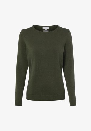 Pull vert foncé à manches longues avec col rond, poignets et ourlet côtelés, texture tricotée simple, taille small.