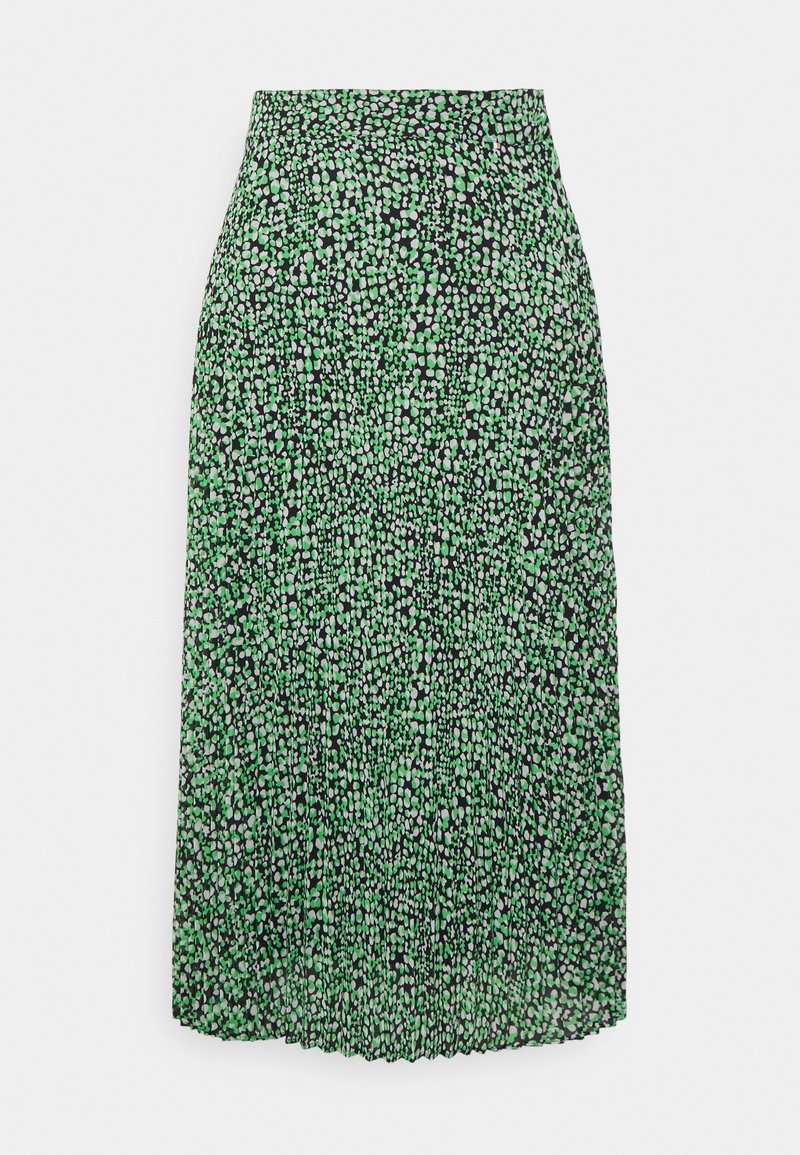 Zielono-czarna plisowana spódnica midi z fakturą zdobioną drobnymi, okrągłymi wzorami. Zaprojektowana z dopasowanym stanem i lejącym się krojem.