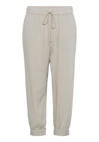 Beige pull-on trousers with an elastic waistband, drawstring tie, and gathered cuffs. Made from lightweight fabric with a smooth texture.